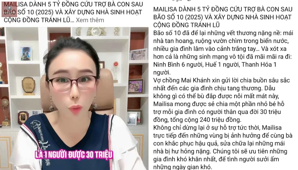 Vợ chồng Mai Khánh Thẩm Mỹ Viện Mailisa dành 5 tỷ cứu trợ ủng hộ bà con ảnh hưởng bão số 10 và xây nhà cộng đồng tránh lũ